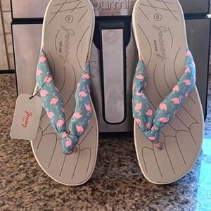 NWOT  Jeossy Womens Fashion Thong Slide Sandals Blue/Pink Flamingo Print Size 8